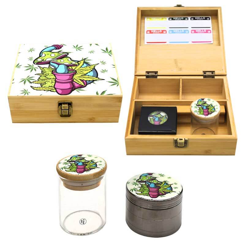 Bamboo Box with 60mm 4 Part Grinder And Jar Set (BLP) | Large | Assorted Designs product image